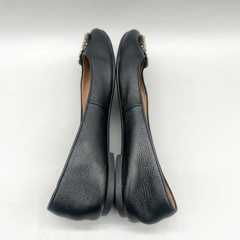 Tory Burch Womens 7 Claire Ballet Flats Black Leather Gold Logo Preppy Office